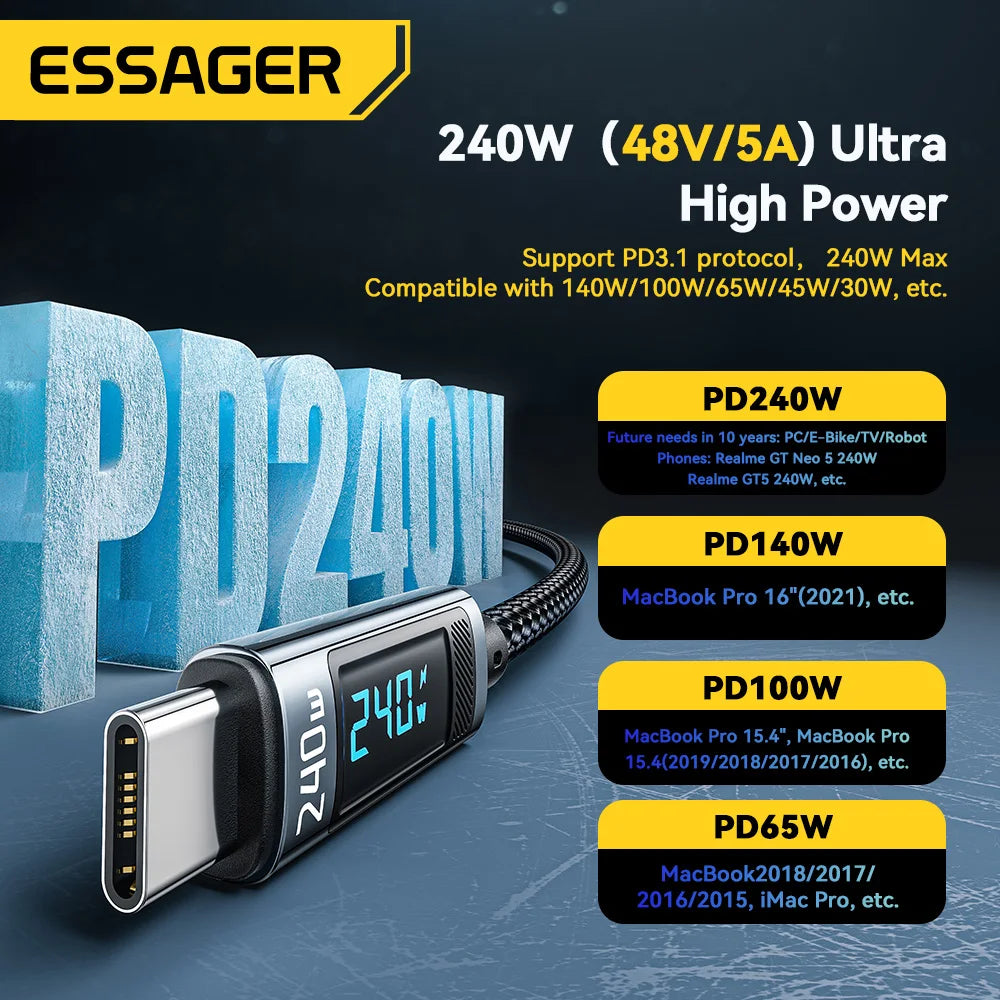 Cable USB-C a USB-C Essager 240W con Pantalla Digital, Carga Rápida