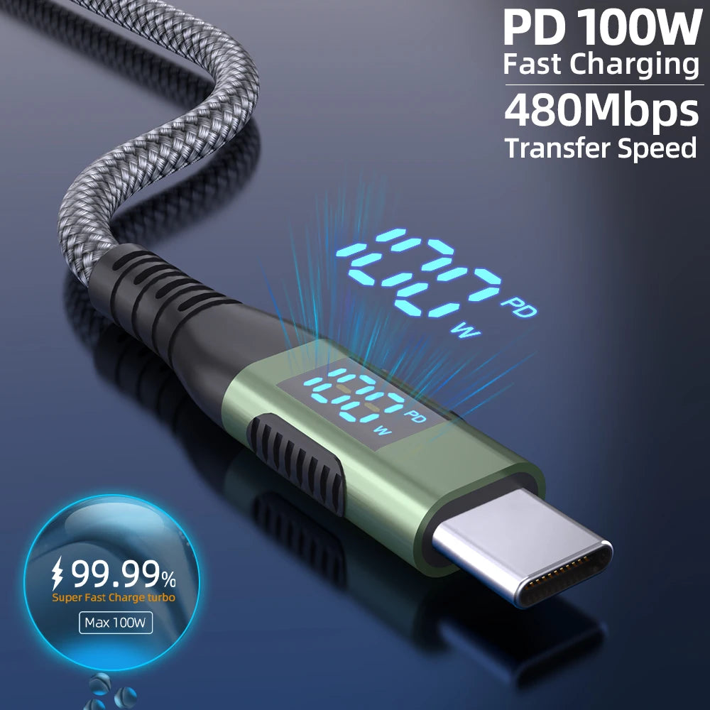 Cable USB-C a USB-C 100W Carga Rápida PD con Pantalla LED Digital