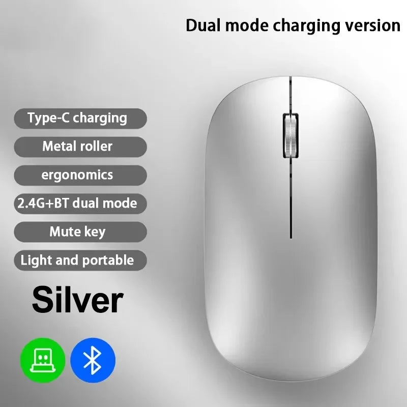 Mouse Inalámbrico Recargable Bluetooth y 2.4G Silencioso con Carga USB Tipo C