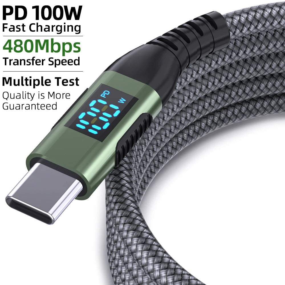 Cable USB-C a USB-C 100W Carga Rápida PD con Pantalla LED Digital
