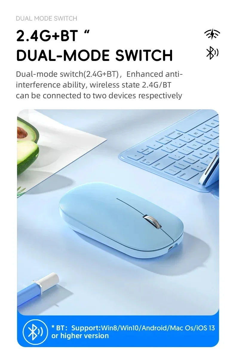 Mouse Inalámbrico Recargable Bluetooth y 2.4G Silencioso con Carga USB Tipo C