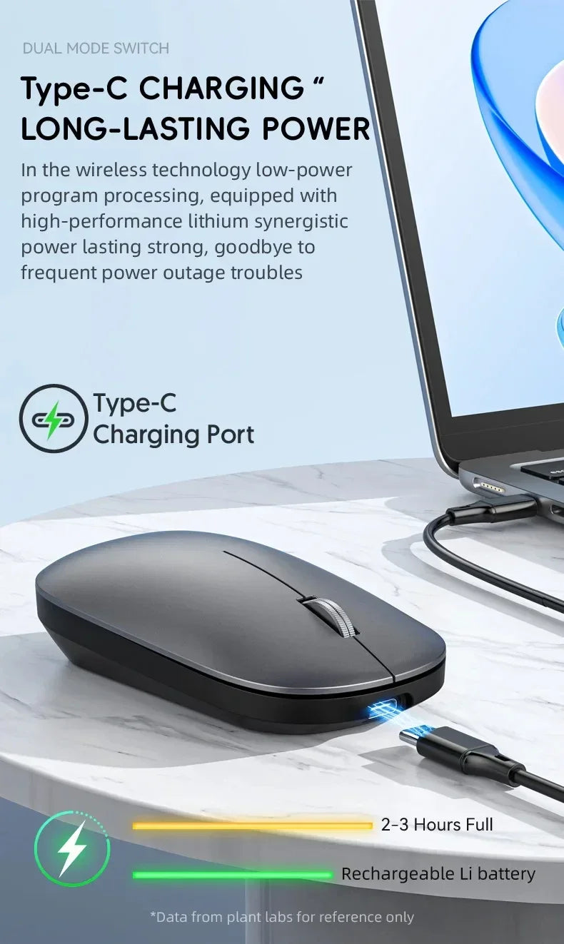 Mouse Inalámbrico Recargable Bluetooth y 2.4G Silencioso con Carga USB Tipo C