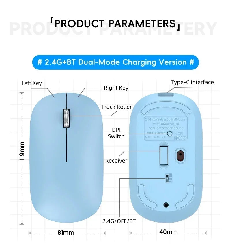 Mouse Inalámbrico Recargable Bluetooth y 2.4G Silencioso con Carga USB Tipo C