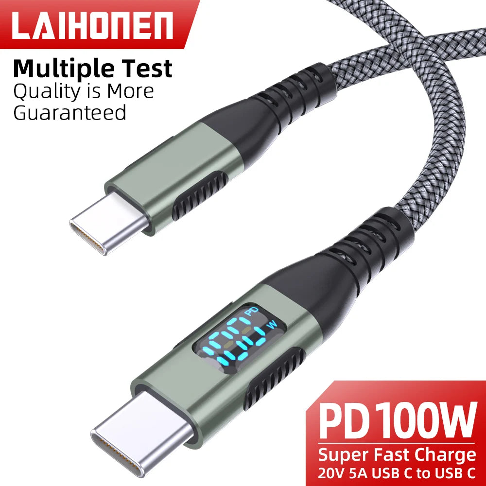 Cable USB-C a USB-C 100W Carga Rápida PD con Pantalla LED Digital