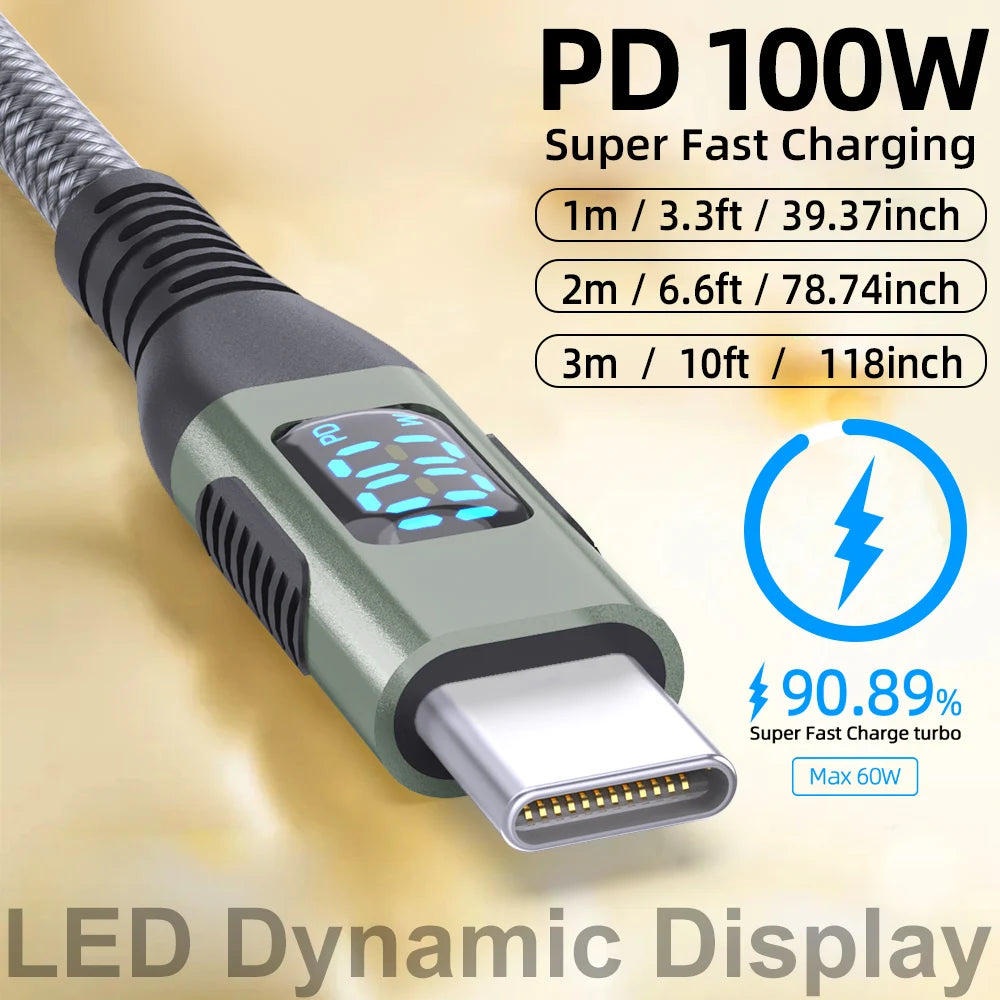Cable USB-C a USB-C 100W Carga Rápida PD con Pantalla LED Digital