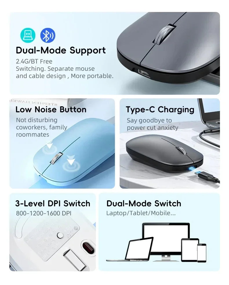 Mouse Inalámbrico Recargable Bluetooth y 2.4G Silencioso con Carga USB Tipo C